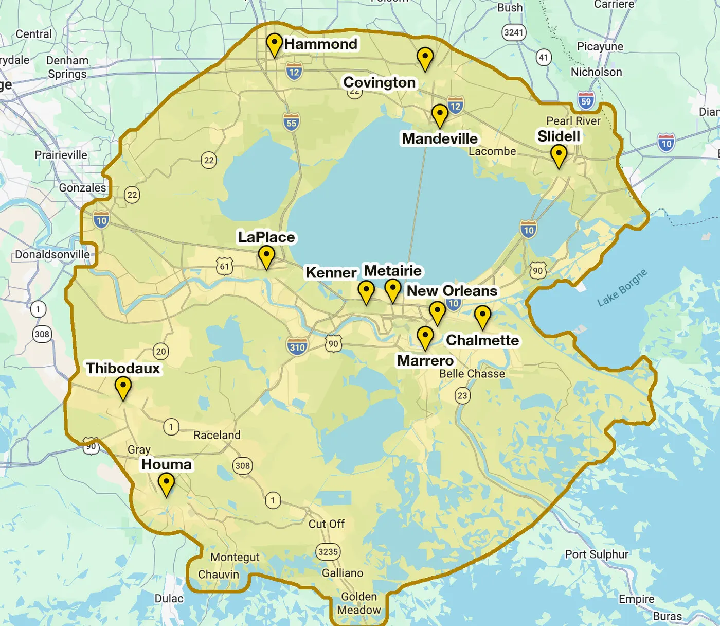 Pelican Events service area map covering Greater New Orleans, from Hammond and Slidell to Houma and Thibodaux